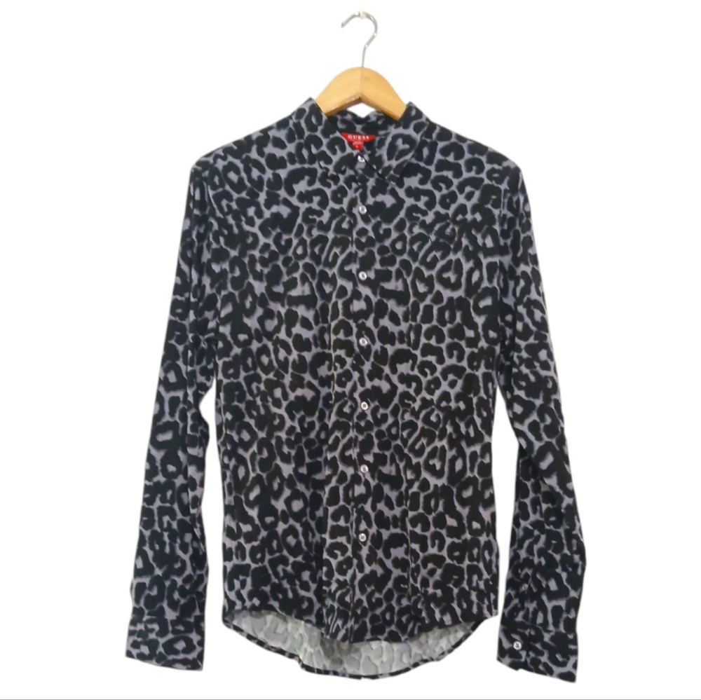 Guess sz S Purple and Black Leopard Print Long Sleeve Button-Up Business Shirt